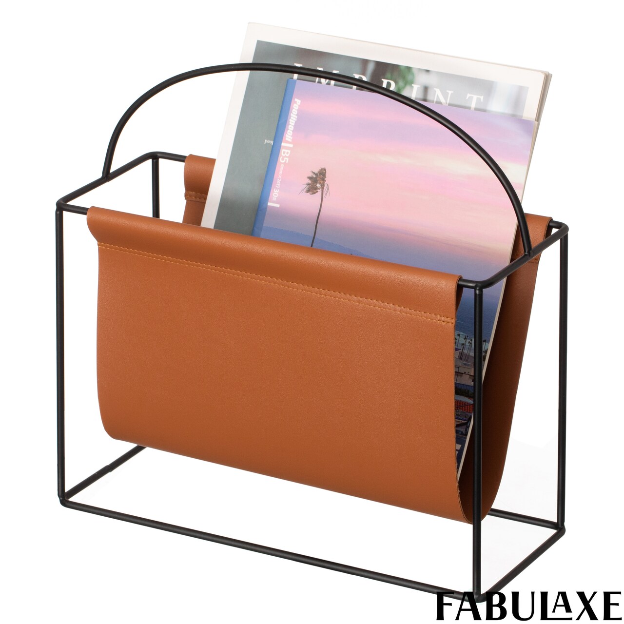 Fabulaxe Gold-Tone Metal Magazine Rack with Brown Faux Leather Sling Freestanding Organizer for Magazines Newspapers & Files